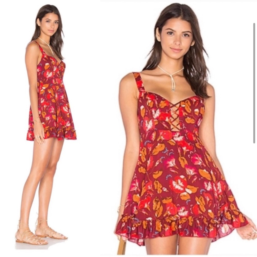 Free People red lattice lovers slip dress mini criss cross front strappy xs